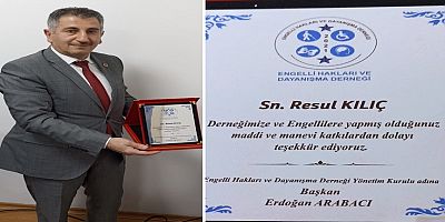 Engelli Hakları Derneği’nden Resul Kılıç’a Şükran Plaketi